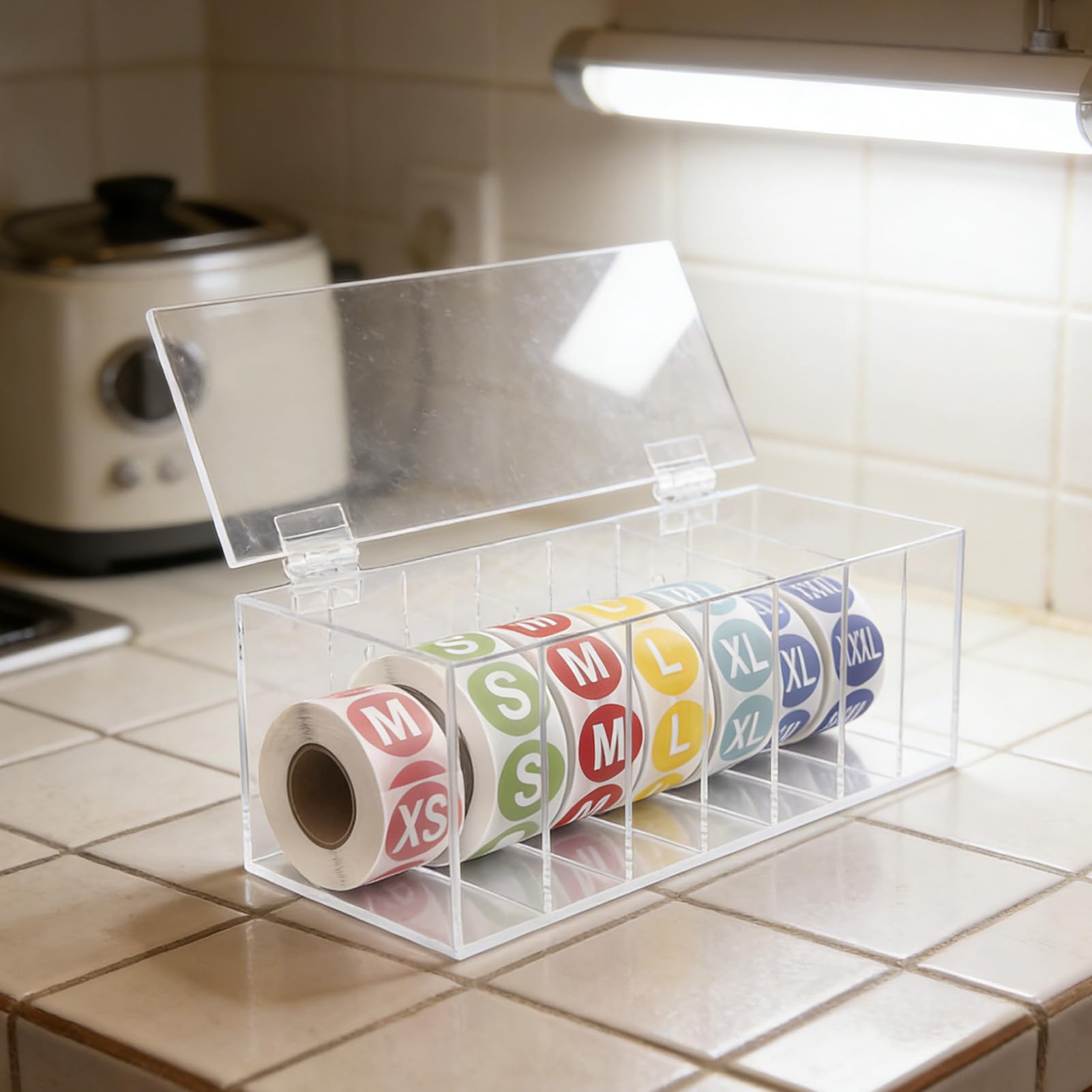 Dispenser di Etichette a 7 Slot Scatola Porta Etichette a 7 Rotoli Organizzatore di Adesivi in ​​acrilico Trasparente con Rotoli 3500 per L'organizzazione Dell'h