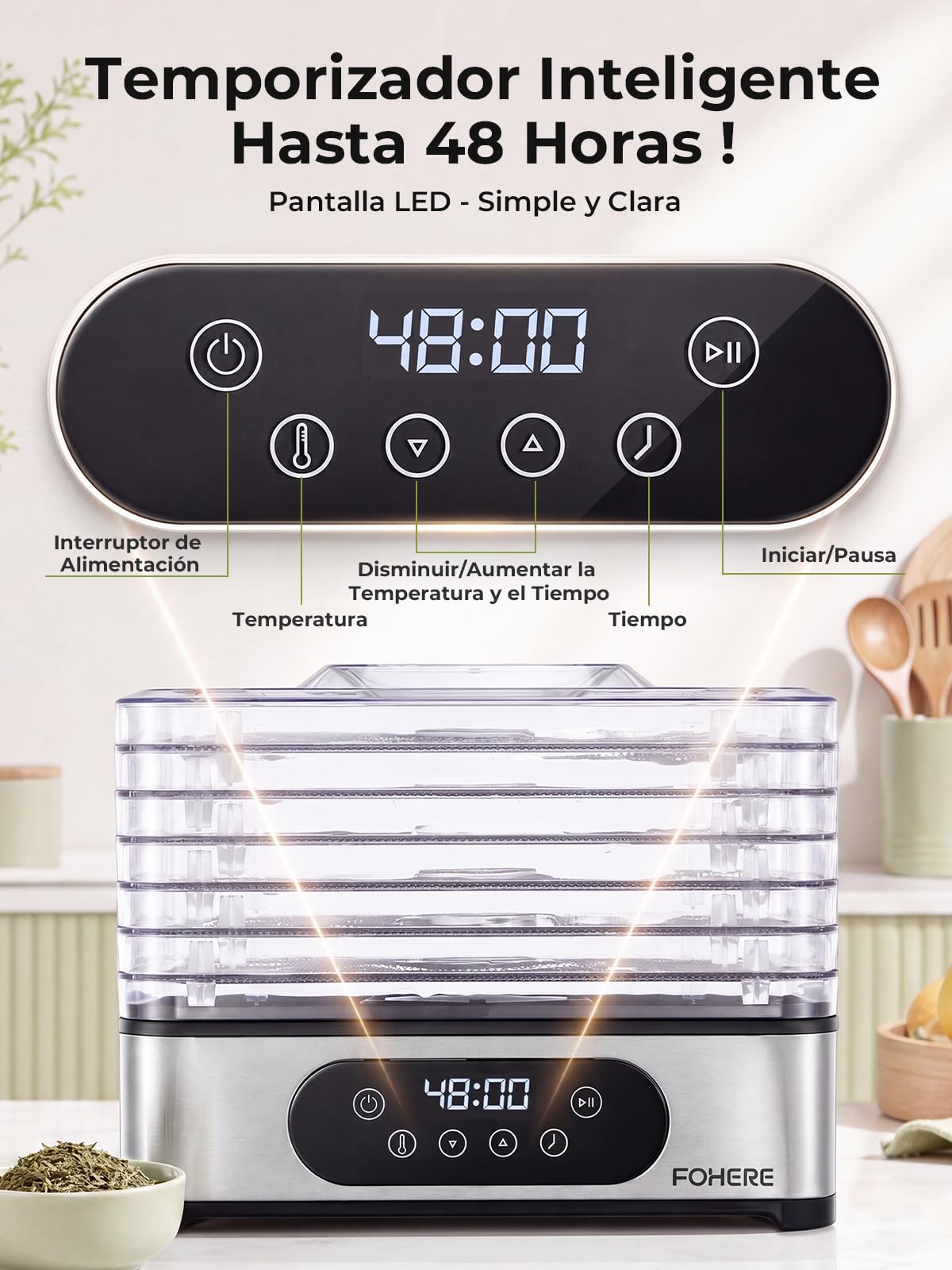 FOHERE Deshidratador de Alimentos, 6 Bandejas de Acero Inoxidable, 35-70°C | Temporizador de 48H, 400W, 3 Frasco de Almacenamiento, Molde de Silicona para Barras de Cereales, para Frutas Verduras Carne