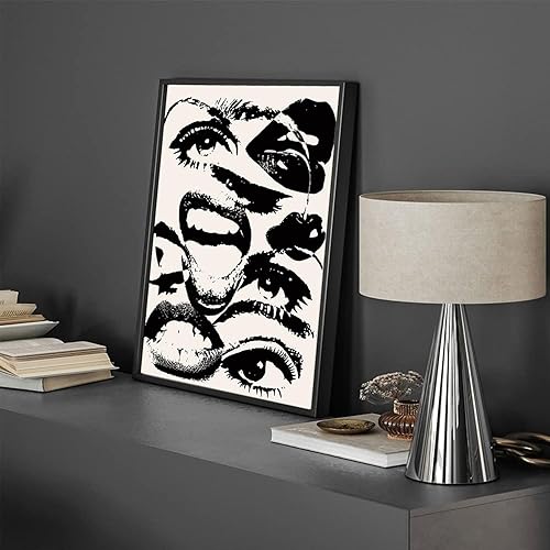 Miniatura 3 de Arte de pared retro en blanco y negro de los años 70, impresiones abstractas hippie peculiares, póster estético funky de ojos y bocas, arte de pared