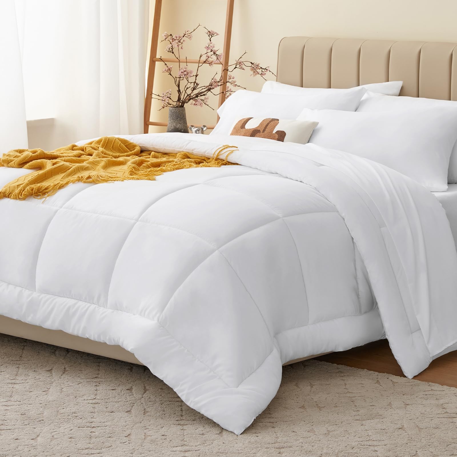 CozyLux Twin XL Comforter Set White, 5 Pieces Twin Extra Long Bed in a Bag for College Dorm, All Season Bedding Set with Stitch Quilted Comforter, Flat Sheet, Fitted Sheet, Pillowcases
