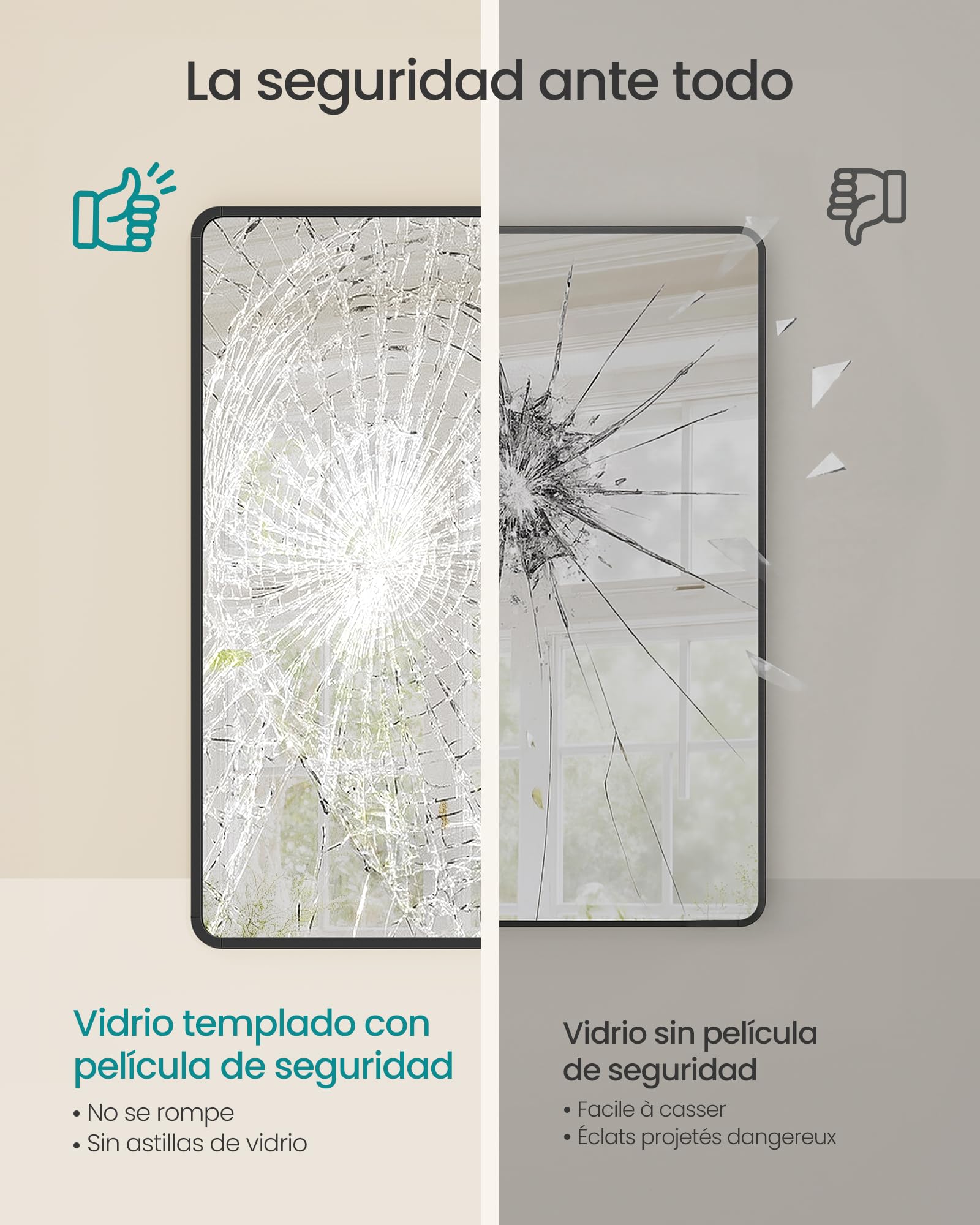 SONGMICS Espejo de Baño, Espejo de Pared, Rectangular, Marco de Aluminio, 91 x 61 cm, Lámina de Seguridad, 2 Opciones de Montaje, para Salón, Dormitorio, Negro Tinta LWM010BD01