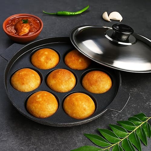 Miniatura 5 de DBY Appam Pan de aluminio Appam Patra Paniyaral antiadherente Paniyaram Paniyarakkal Aebleskiver Pan Takoyaki con tapa de acero inoxidable 7 bolas