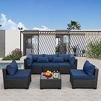 Rattaner 6-Piece All-Weather Wicker Patio Sectional Set with Glass Table, Non-Slip Cushions & Waterproof Cover, Navy Blue
