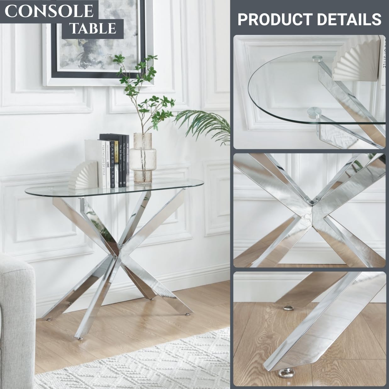 Modern Glass Oval Console Table, Entryway Hallway Narrow Sofa Table, Entrance for Entryway, Living Room, Foyer, Hallway, Office, 45" Lx18 Wx30 H Silver
