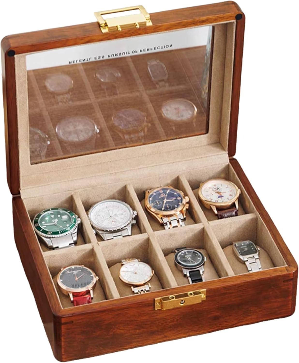 Porta Orologi in Legno Massello 8 Scomparti Vetro - Scrigno Custodia Organizer Regolabile con Coperchio Trasparente per Collezione, 8 Slot-Velluto marrone chiaro, Legno di teak dorato massiccio