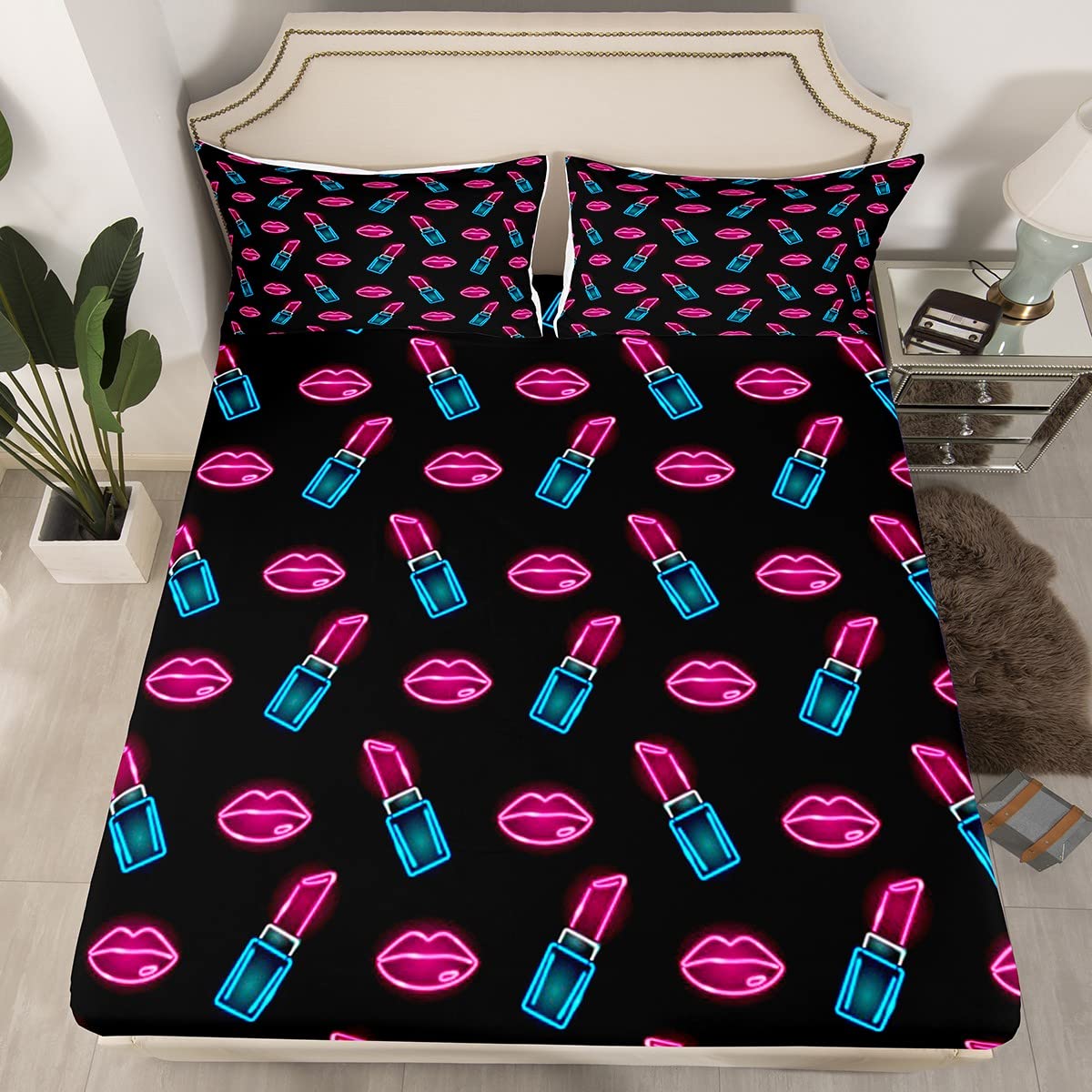 Juego de sábanas de labios rojos, juego de sábanas de lápiz labial para niños y niñas, sábanas de moda con bolsillo profundo, sábana bajera de microfibra con estampado de lápiz labial, juego de ropa