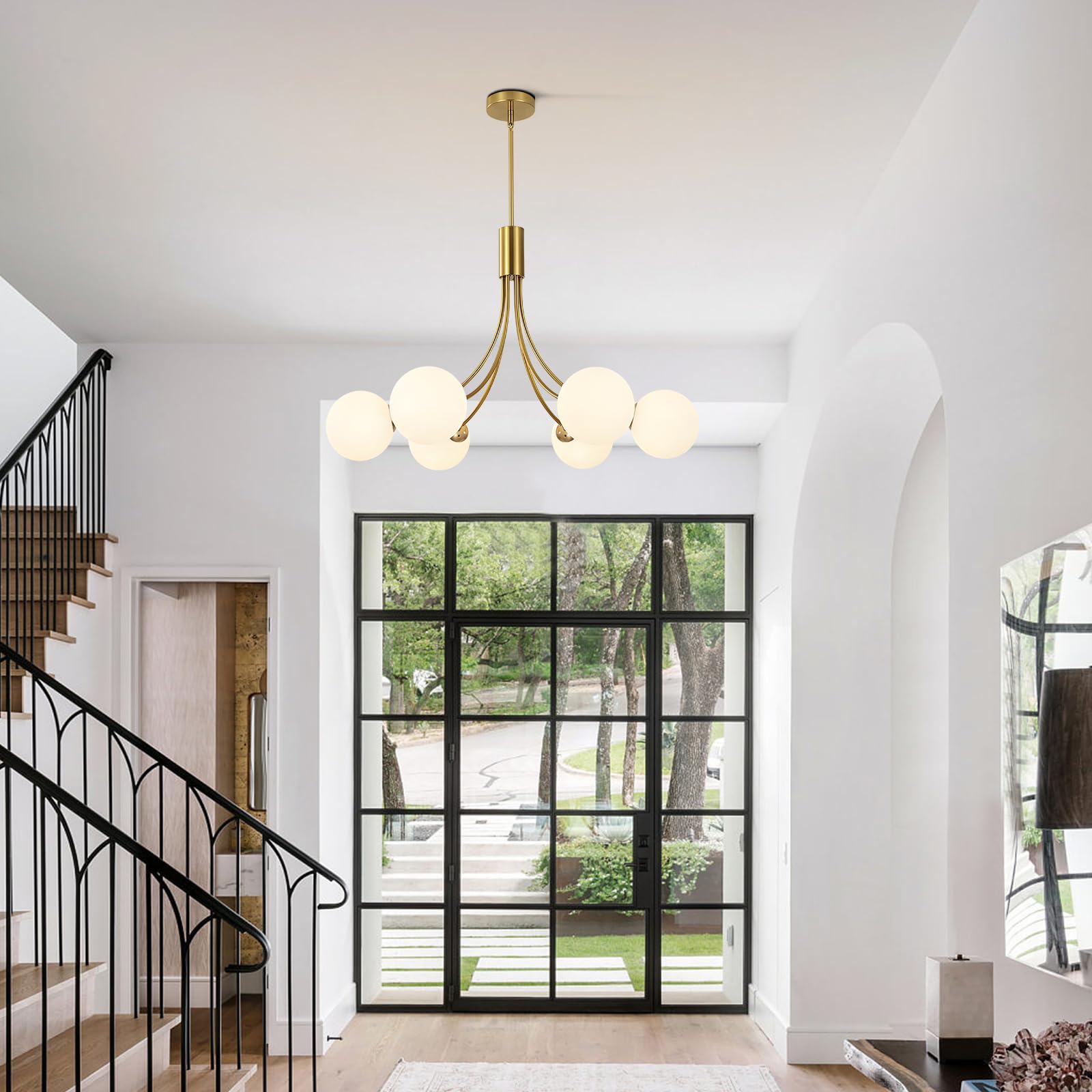 KCO Lighting Lampadario Sputnik Moderno 6 luci,Lampadario Oro Con Sfere Bianche per Sala da Pranzo, Isola Cucina, Soggiorno,Camera da Letto