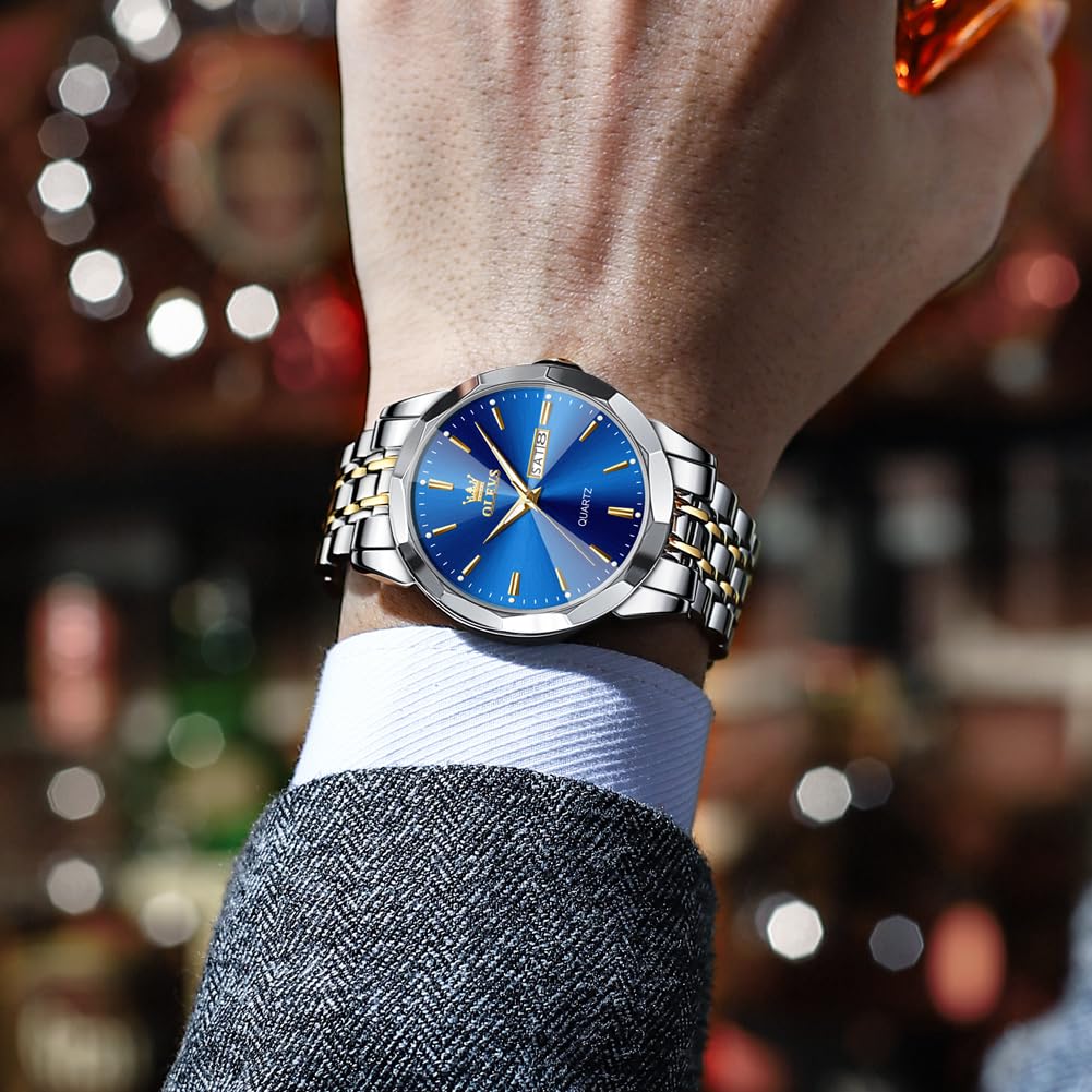 OLEVS Watch for Men Analog Quartz Dress Diamond Business Watches Two Tone Stainless Steel Waterproof Luminous Date Luxury Wrist Watch Gold White