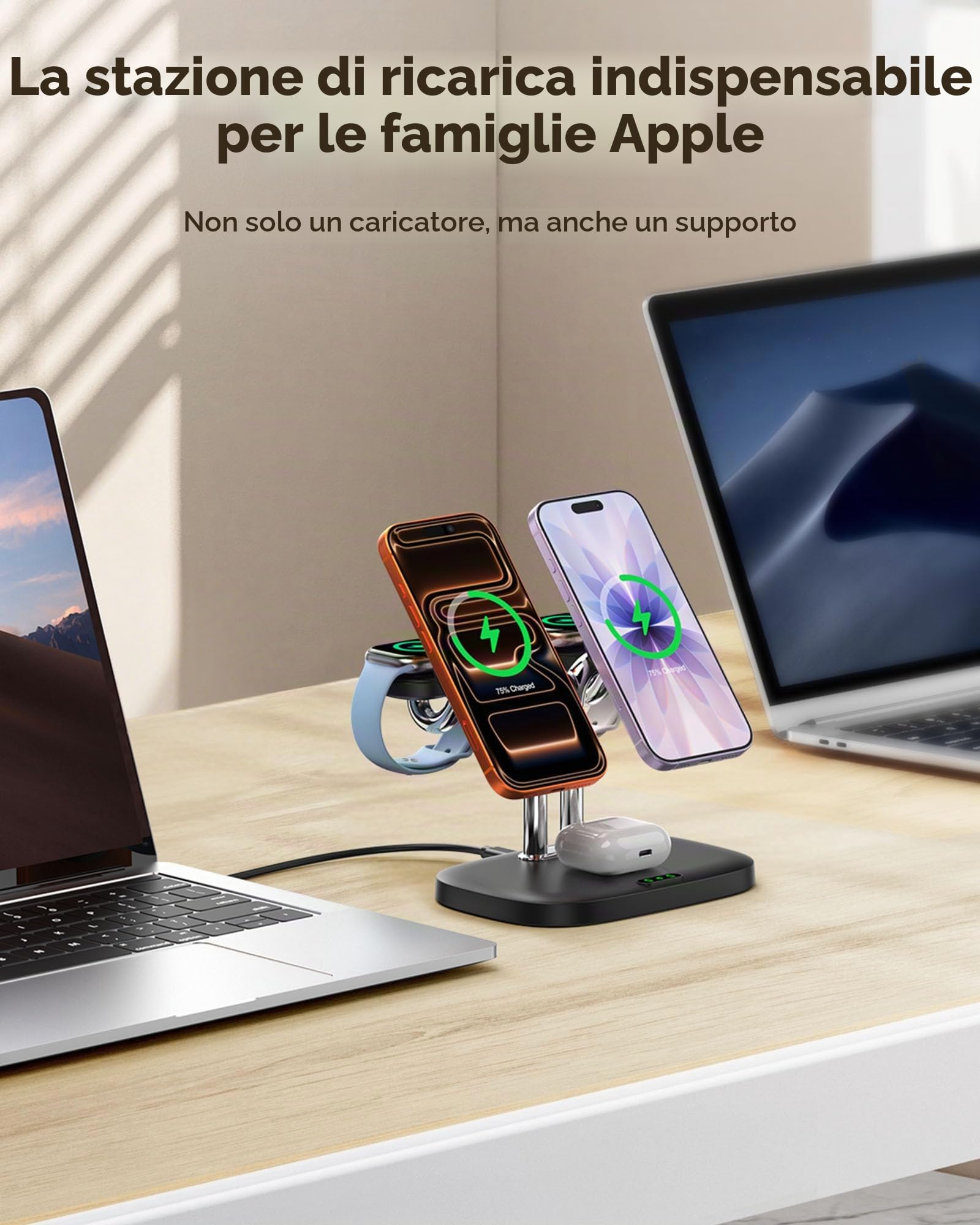 5-in-1 Stazione di Ricarica Wireless per Dispositivi Apple, Caricatore Magnetico Doppio per iPhone Air/17/16/15/14/13/12, Ricarica Veloce Doppia 5W per Apple Watch 11/10/Ultra 3/SE 3, SwanScout 902M