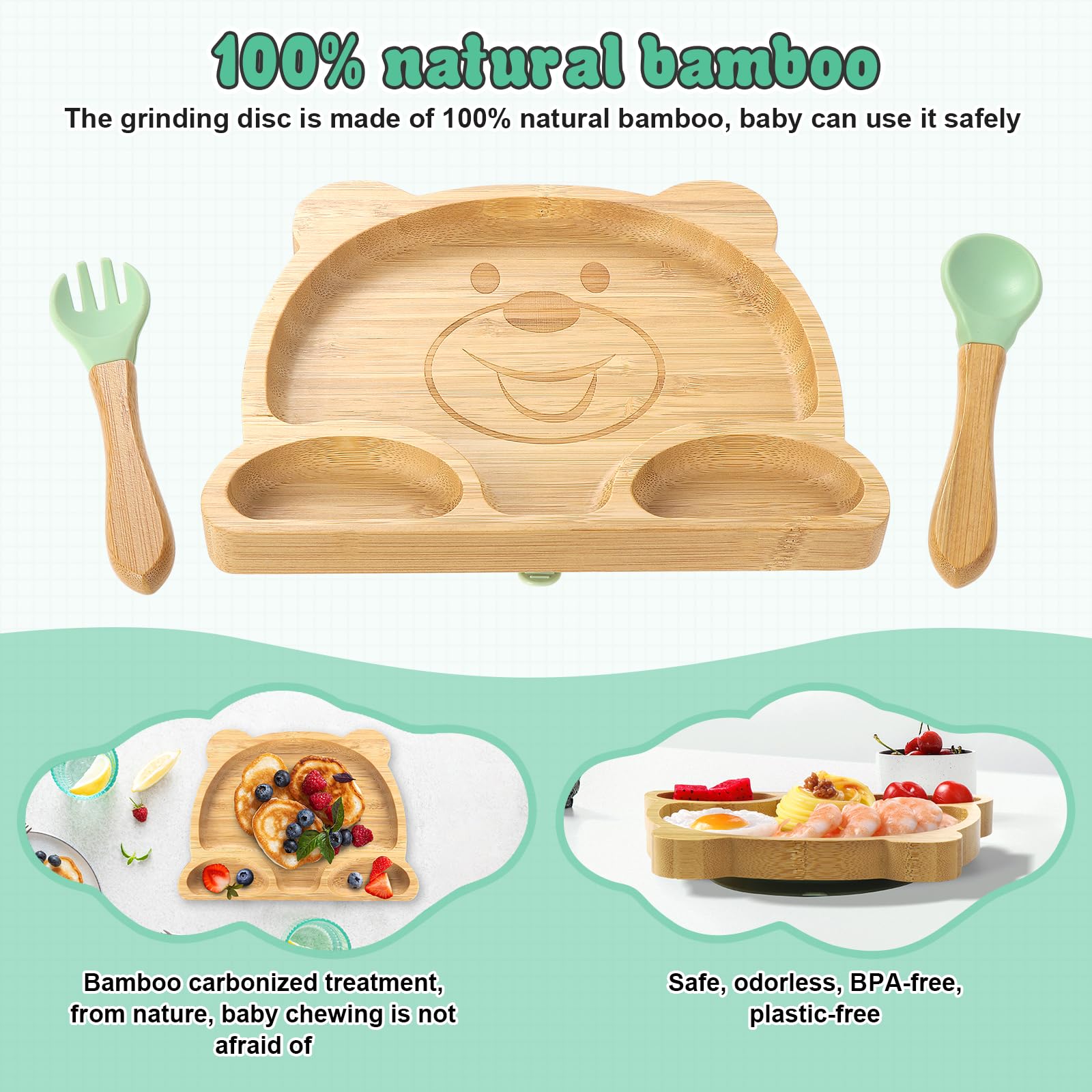 Cuchara Plato Bebe Ventosa Bambu Cuchara Silicona Bebé Vajilla De