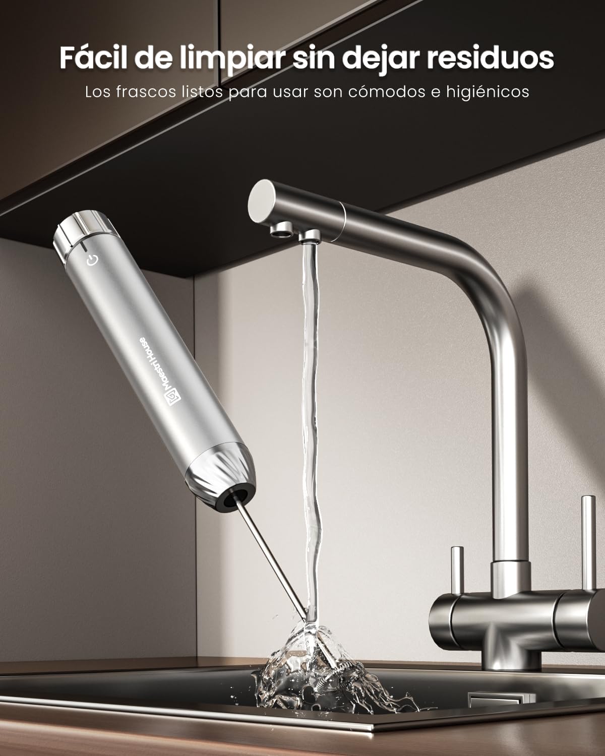 Maestri House Espumador de Leche Electrico con Control de Velocidad Continuo, Batidor de Acero Inoxidable Desmontable Impermeable,Mezclador de Bebidas Chocolate Caliente de Latte, Capuchino (Plata)