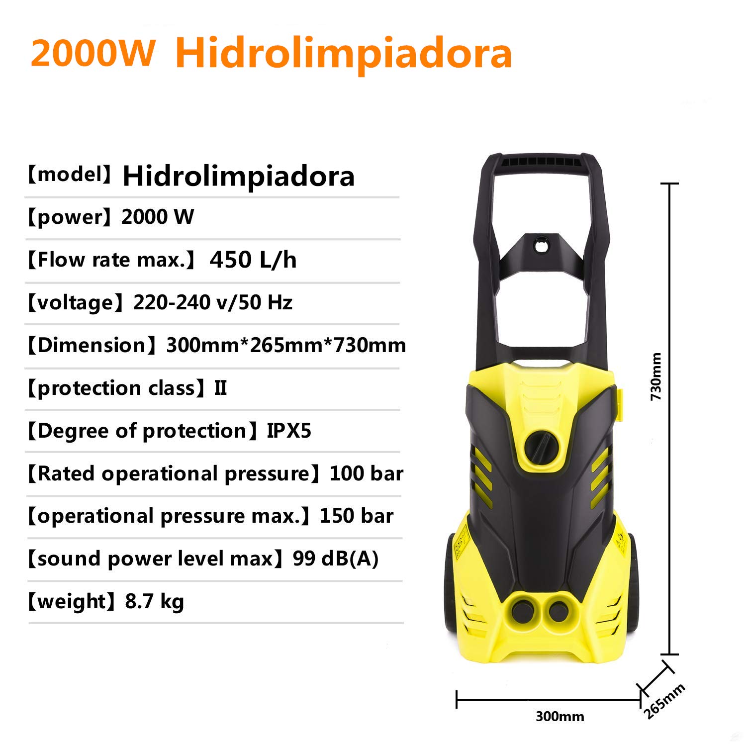 Hidrolimpiadora,2000 W,150 Bar,450 l/h,Limpiadoras a presión,Manguera de 5m,Limpiadora de Alta presión, para Lavado de Autos, terraza y hogar
