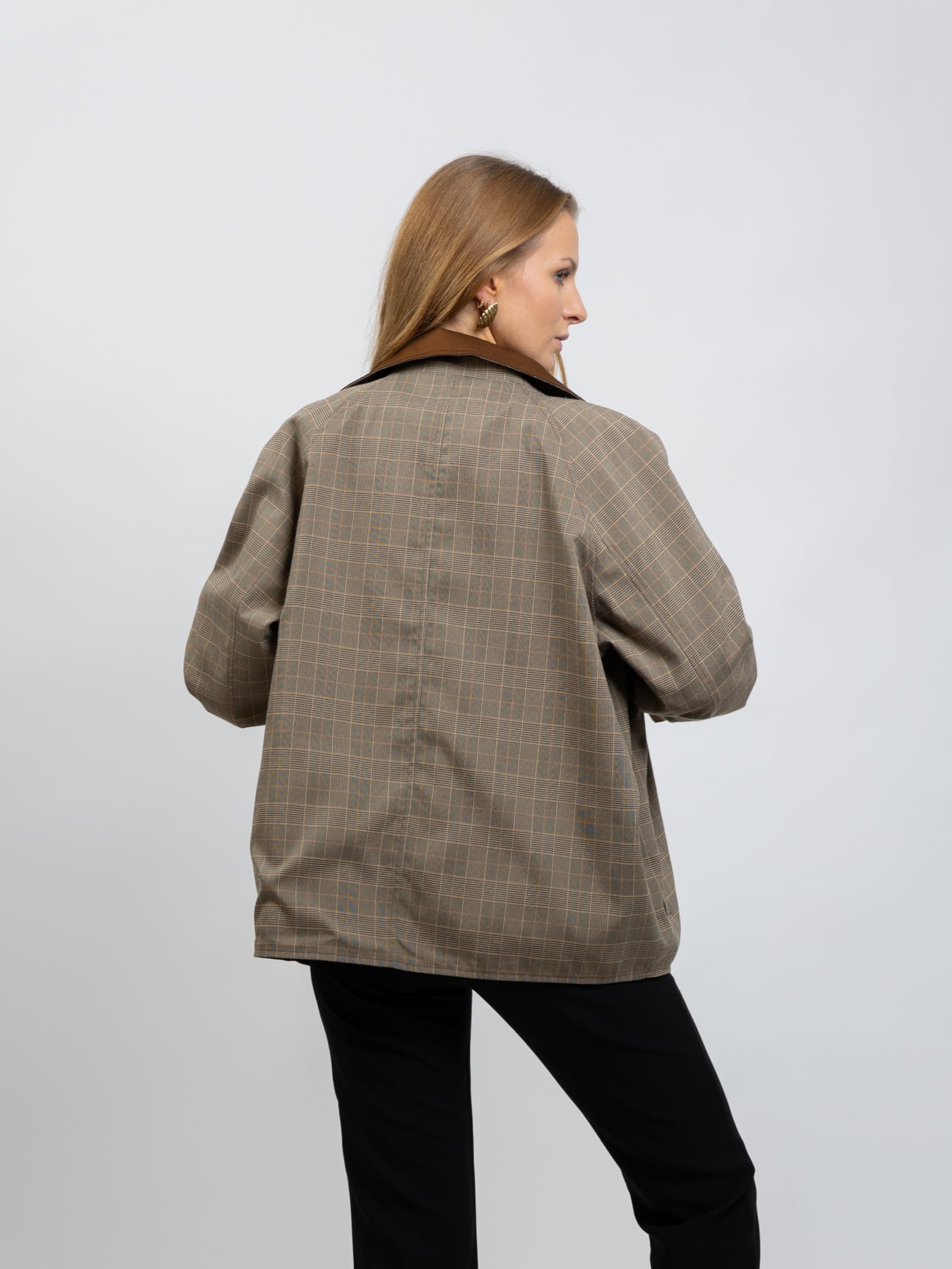 Trench corto reversible para mujer, diseño de cuadros y liso, cuello alto, color marrón