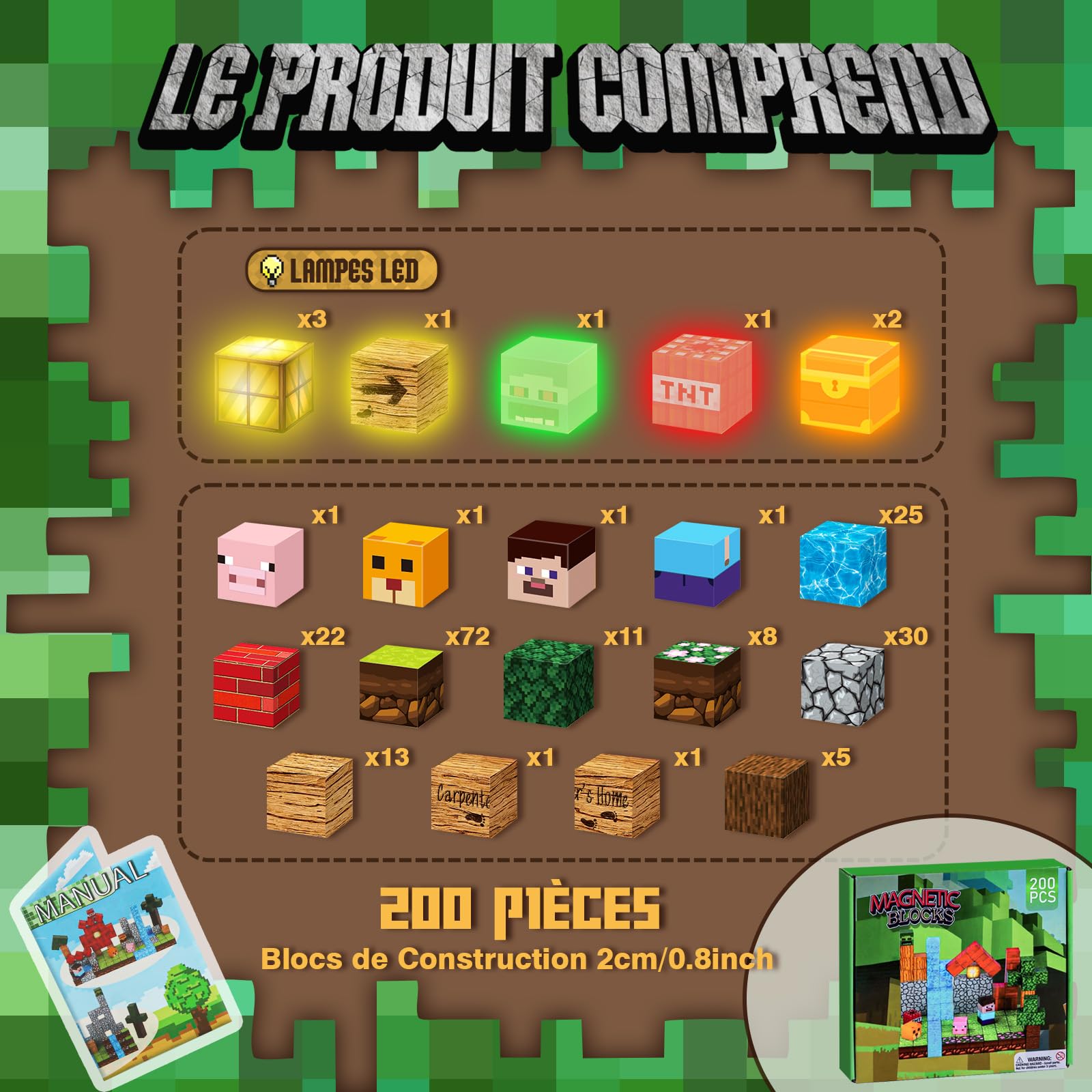 YOOHBERRYS Construction Magnetique Enfant 200 Pièces 2CM, Cube Magnétique Lumineux Jeux Aimants de pour Garçon et Fille, Blocs Magnétiques Jouet Créatif Montessori pour Enfants 3 4 5 6 7 8 9 Ans