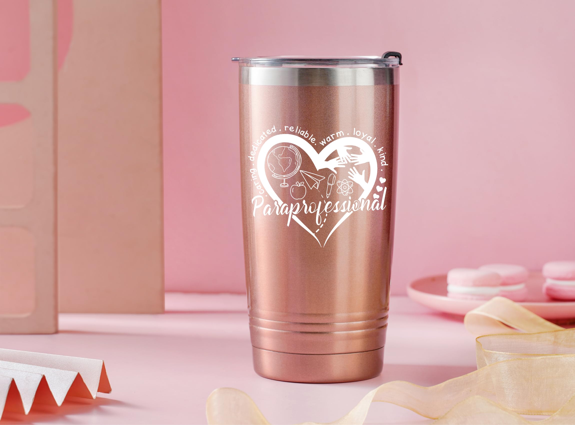 Onebttl Paraprofessional Appreciation Gifts, Gifts for Teacher Paraprofessional, 20oz Stainless Steel Rose Gold Insulated Tumbler with Lid & Straw - Heart