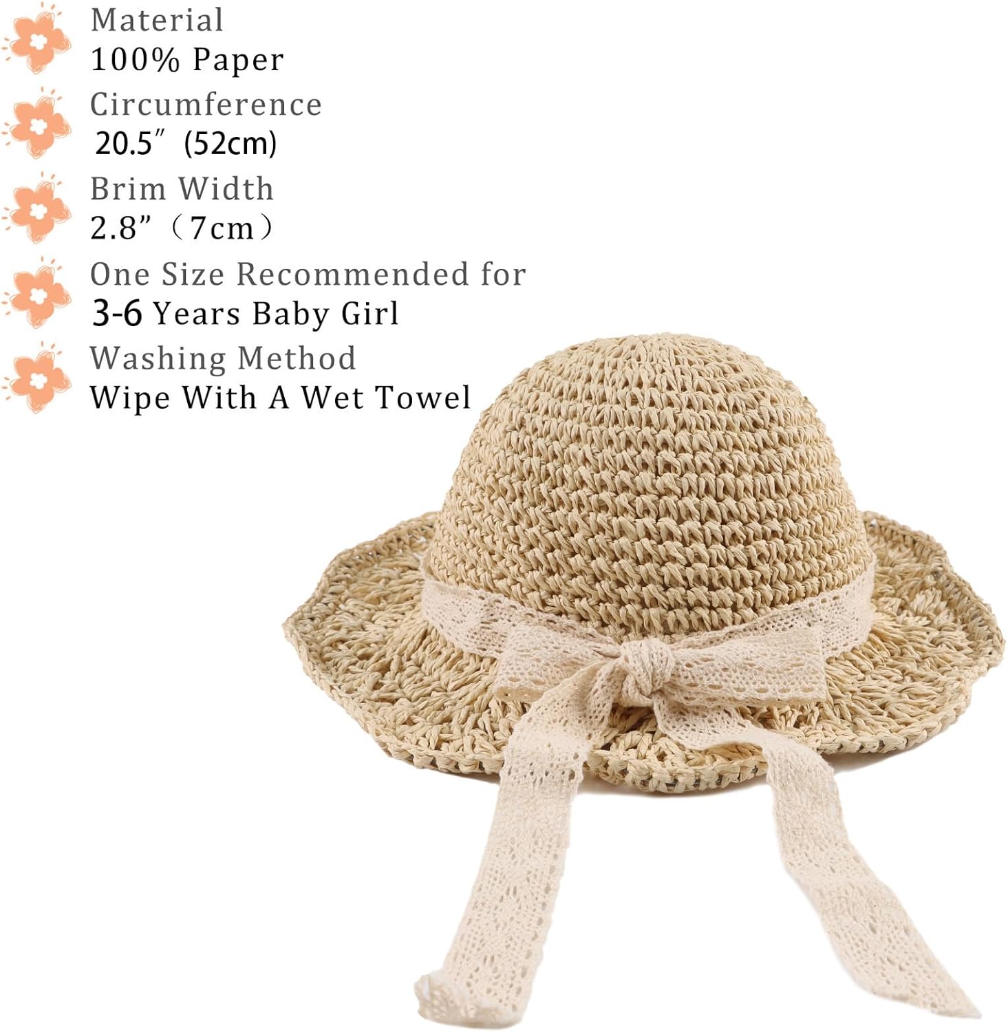 Baby Girl Straw Hat 3-6 Years Girls Summer Beach Hats with Bowknot Sun Protection Hats for Kids - Image 6