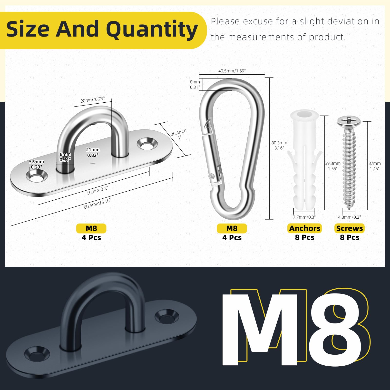 Mardatt 8Pcs M8 304 Stainless Steel Pad Eye Plate U Hooks with Snap Hook Assortment Kit - Image 2