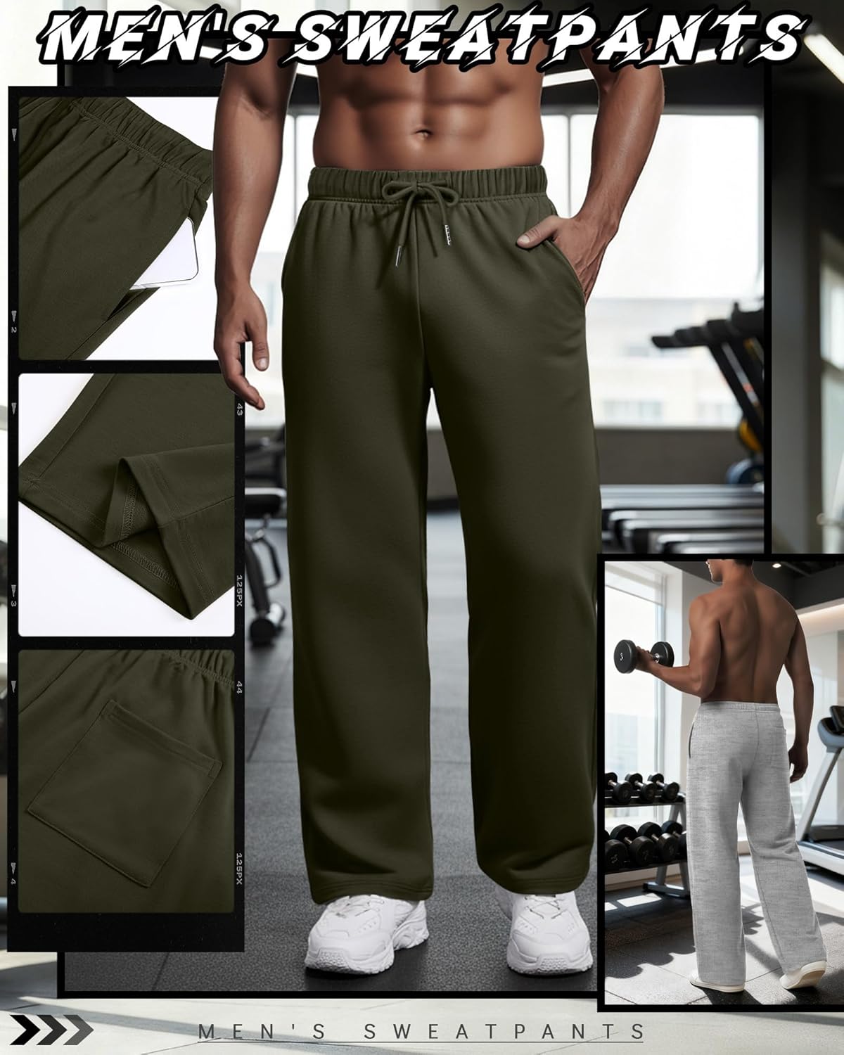 3 Pack Men's Straight Leg Sweatpants, Open Bottom Athletic Baggy Pants Lounge Drawstring Pants with 3 Pockets(Army Green, Light Gray, Black,Medium) - Image 2