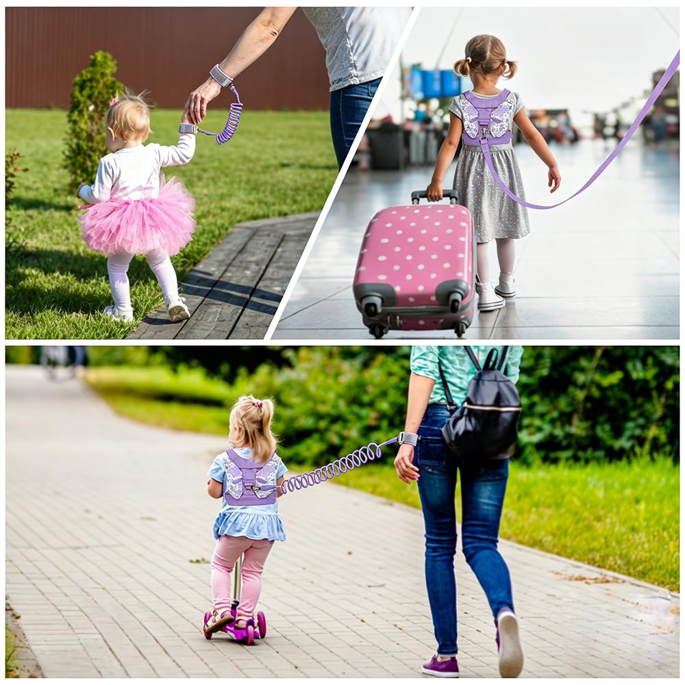 Correa para niños pequeños + eslabón de muñeca antipérdida para niños, arnés de seguridad para niños, pulsera para caminar, cinturón para niña, regalo de Navidad rosa (morado)