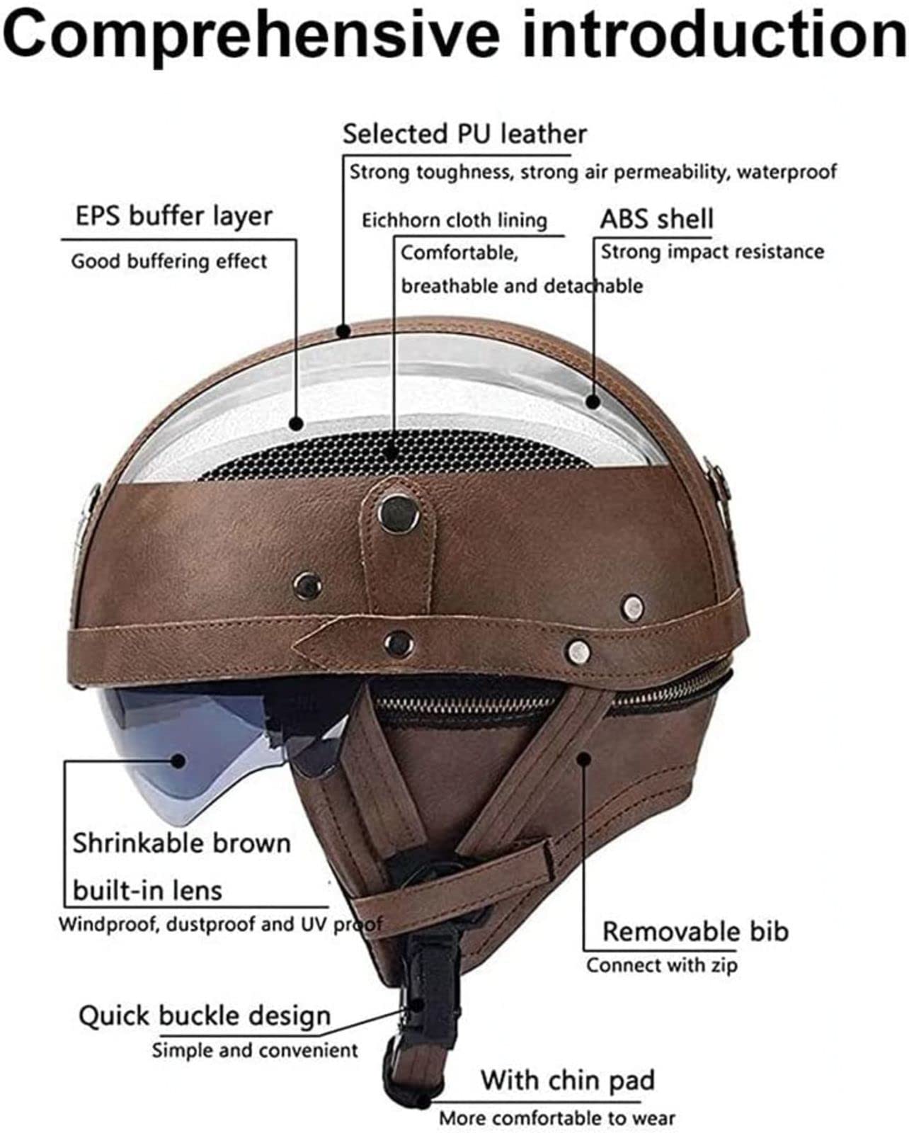 EBAYIN Casque Bol Homologué ECE Casque De Moto Demi-Coque Casque De Jet Vintage Casque De Cyclomoteur en Cuir VisièRe IntéGréE, Casque De Scooter Cruiser Chopper,E-L=（59~60CM）