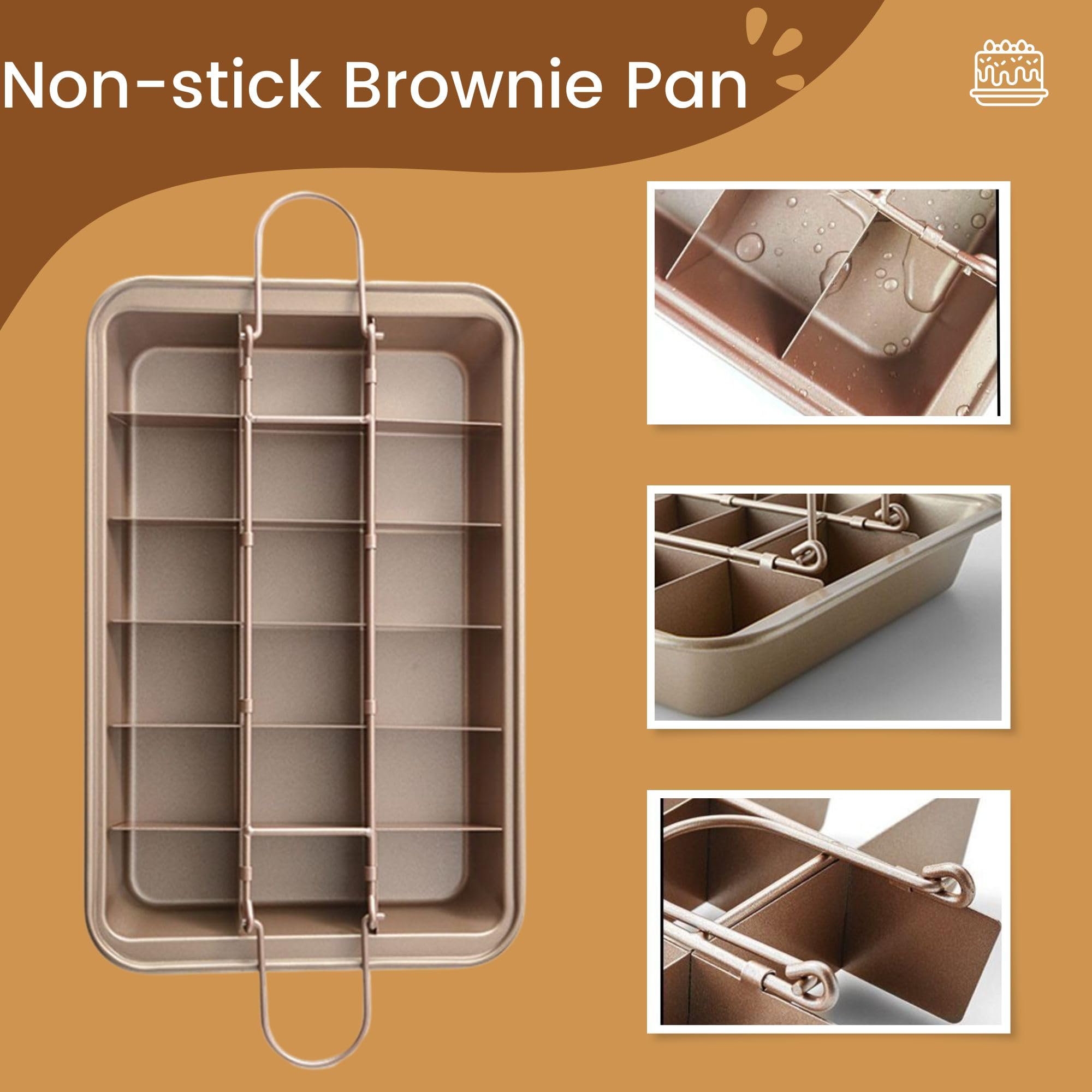 KiNeX Brownie Backform, Antihaftbeschichtete Kuchenform Brownie mit Trennwänden, Antihaftbeschichtete Brownie-Pfanne für Professionelle Scheiben, für 18 Vorgeschnittene Brownies, Karbonstahl, Gold
