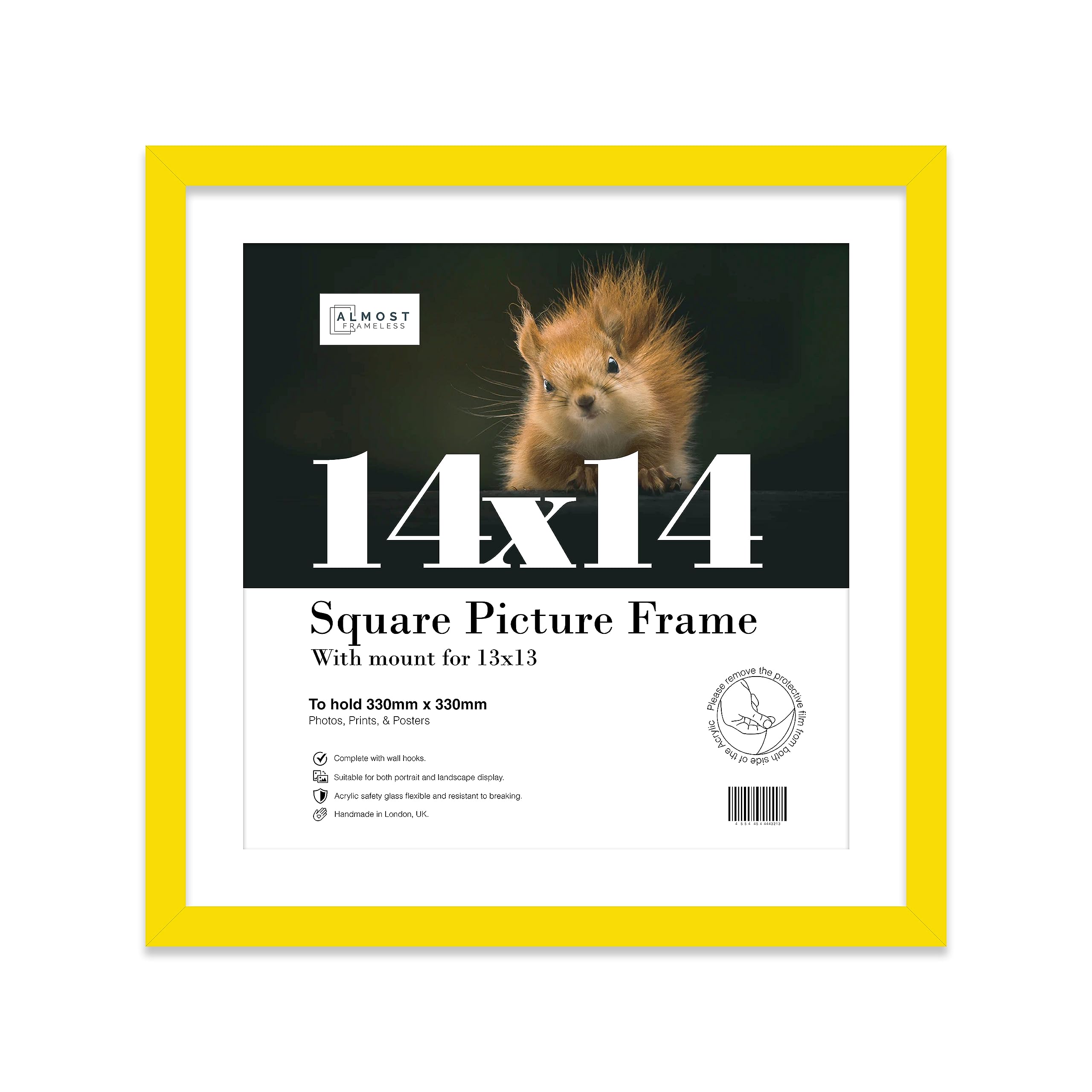 Almost Frameless 14x14 Picture Frame, Display Pictures 13x13 With Mat or 14x14 Without Mat, Wall Hanging Photo Frame, Yellow, 1 Pack