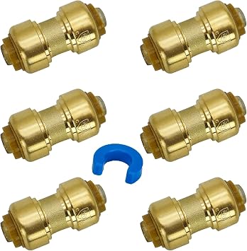 Z 1/2 Inch Push to Connect Fittings, 6-Pack Brass Couplings & Clip, for PEX, Copper, CPVC Pipe, Certified Lead-Free for Plumbing & DIY Repairs