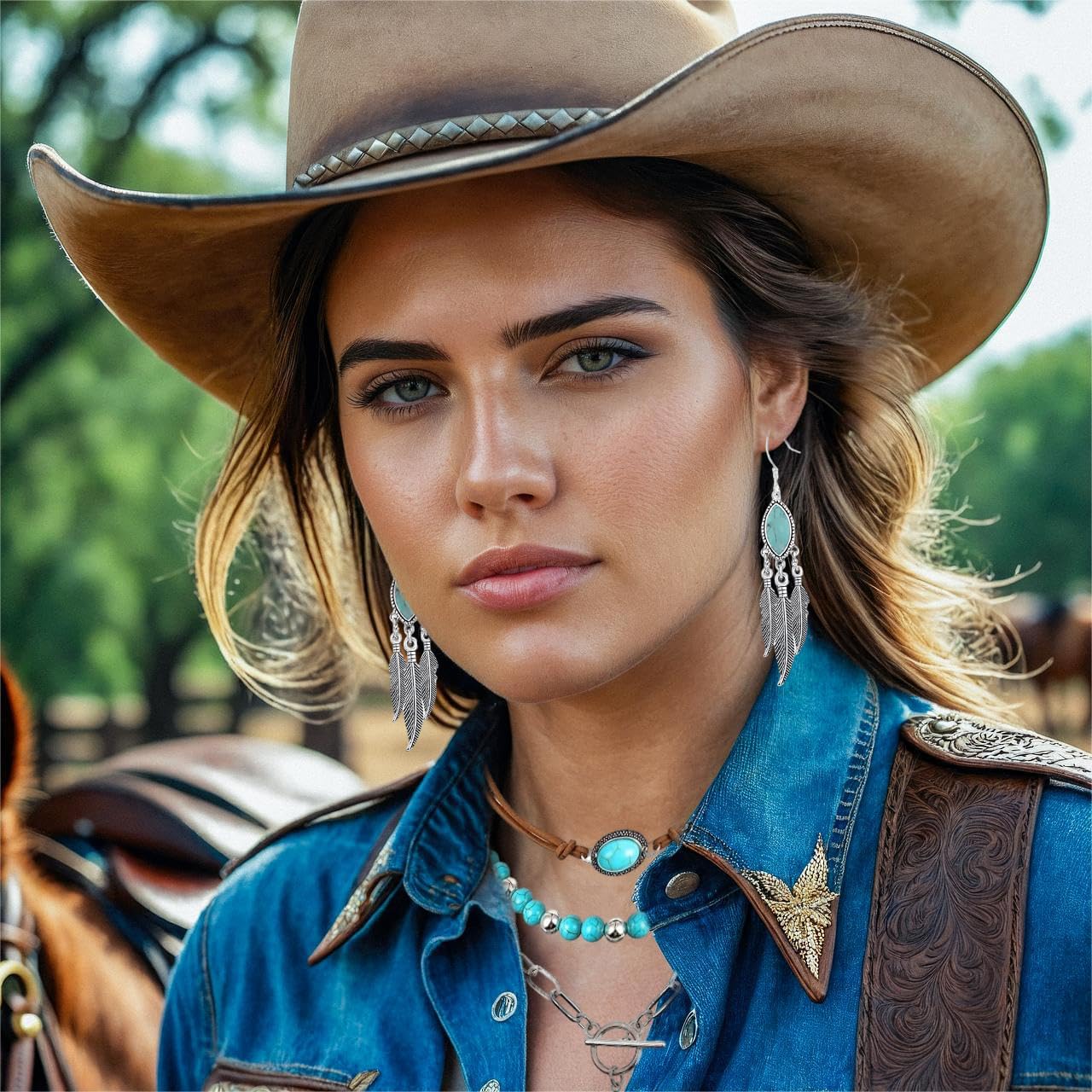 18 Pcs Western Turquoise Jewelry Set for Women Bohemian Necklace Dangle Earring Stackble Bracelet Knuckle Rings Cowgirl Accessories for Country Concert Outfit Jewelry Gifts - Image 7