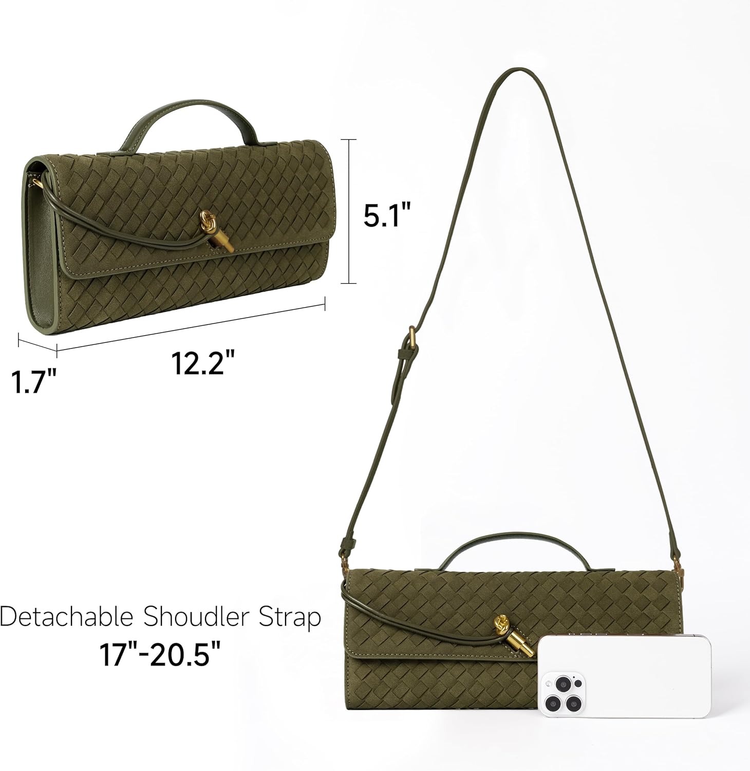 Joryin Woven Purse for Women Evening Clutch Woven Leather Handbags Olive Suede Crossbody Bag Purse Formal Evening Bag - Image 4