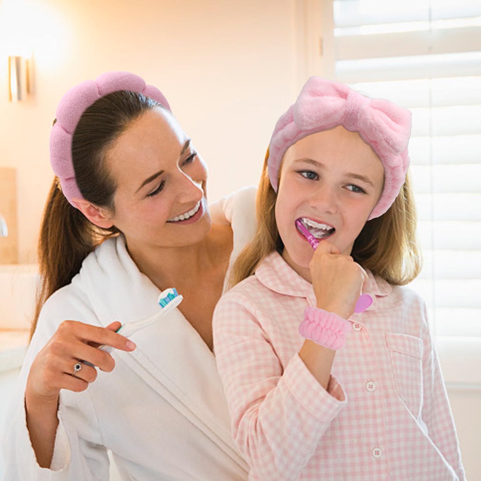 Set di fascia e braccialetto rosa per spa, fascia per lavare il viso, spugna, fasce per la cura della pelle, fasce per il trucco per donne e ragazze, fascia per la cura della pelle, morbida