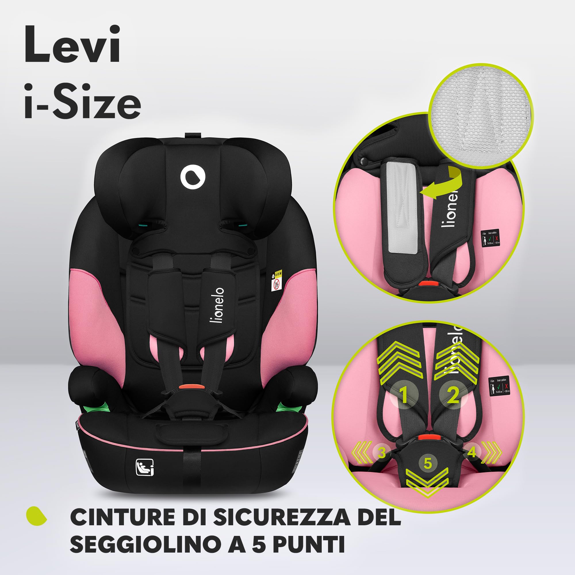 LIONELO LEVI I-SIZE Seggiolino auto per bambini 76-150 cm con l'ultima Norma i-Size R129 Protezione laterale, 10 Livelli di regolazione del poggiatesta, Schienale staccabile