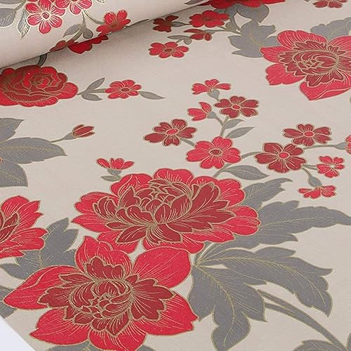 Miniatura 3 de Revestimiento de papel de contacto con patrón floral vintage rojo autoadhesivo para armarios, estantes, cajones, artes y manualidades, 17.7 x 78.7