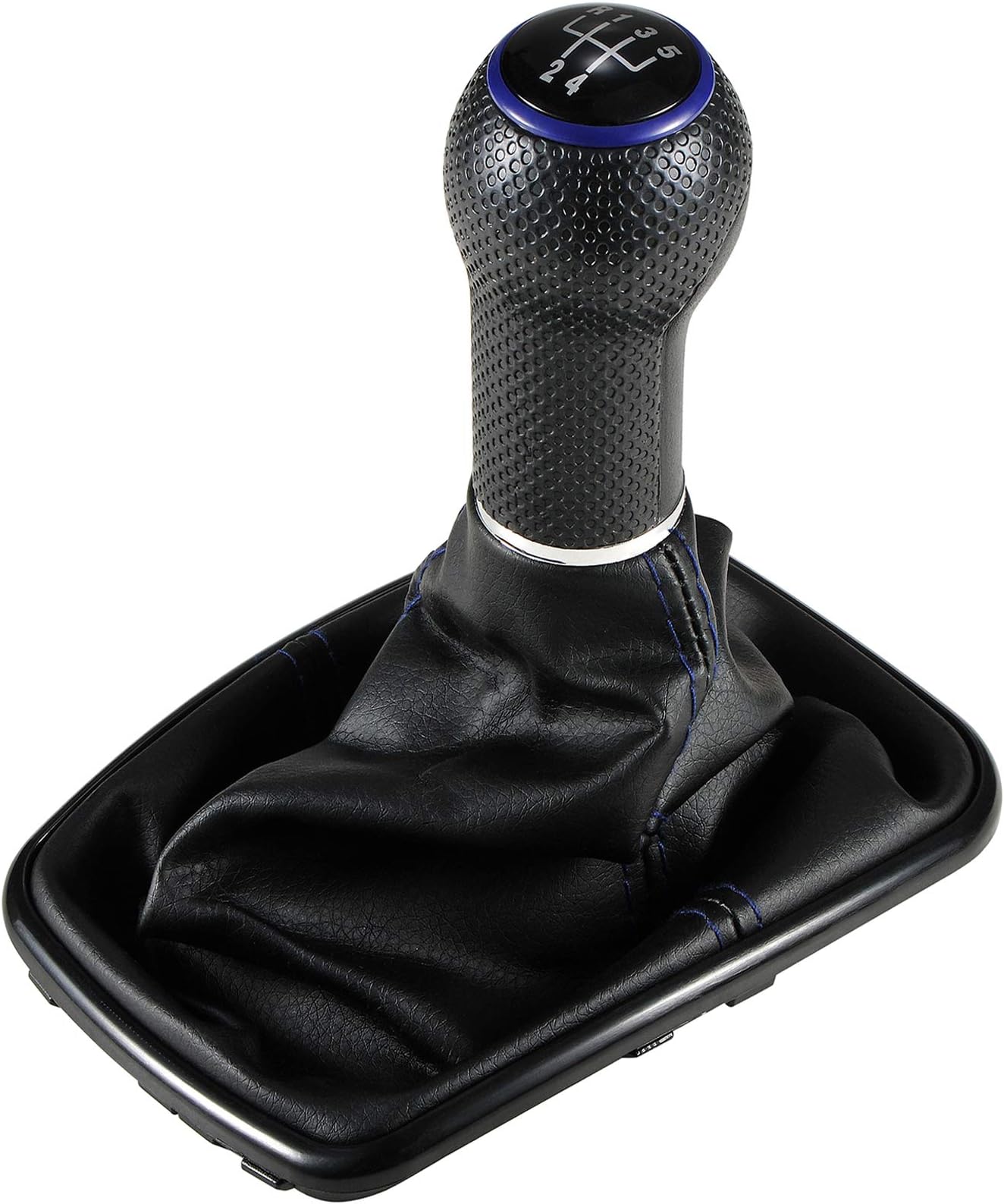 Semoss Universal 5 Speed Manual Gear Shift Knob + Lever Boot Cover Diameter 12mm with Chrome Frame,Blue Sewing Stitching