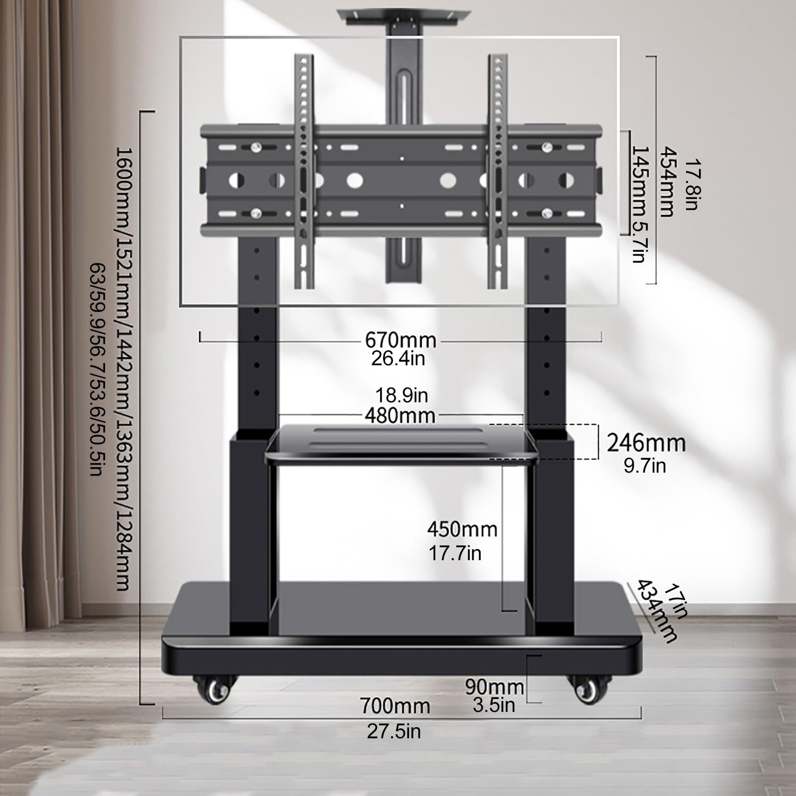 Soporte para TV portátil con Ruedas Sostiene 500 Libras Se Adapta a televisores LCD LOLTV de 3275" TV móvil con Ruedas de Bloqueo y Bandeja Ideal para Uso en el hogar y la Oficina