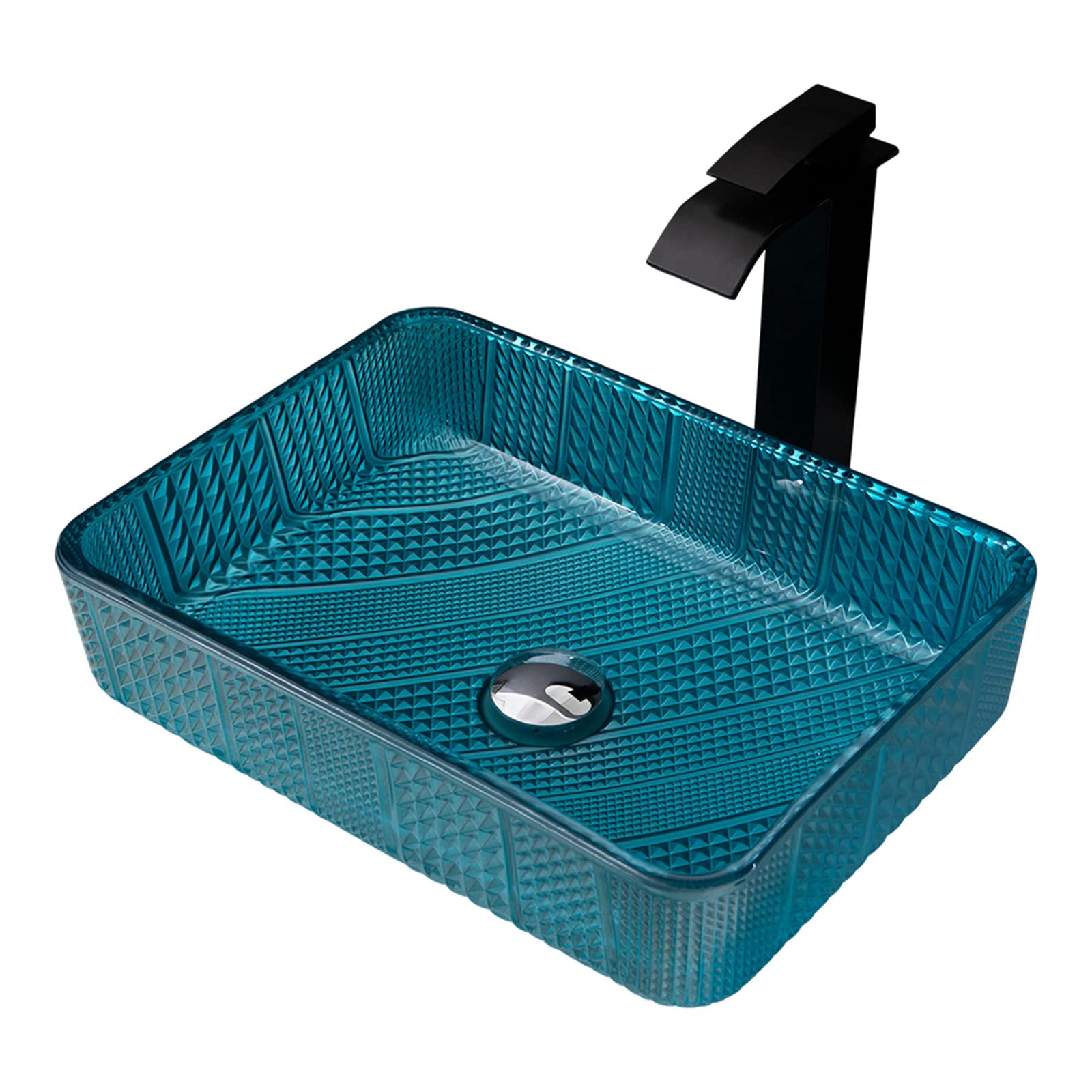 Vasque de salle de bain en verre cristal bleu rectangulaire avec robinet cascade noir