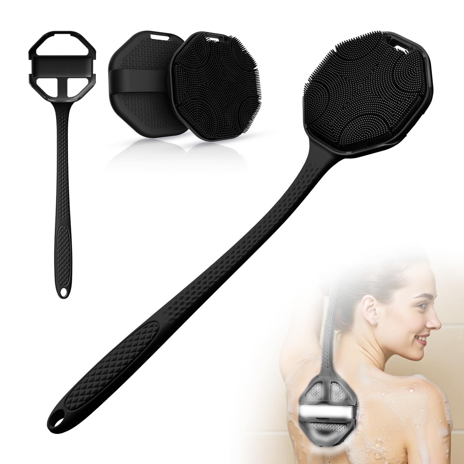 3PCS Extender Handle Set 17in Lengthen Detachable Long Handle Back Brush 1 Silicone Body Scrubber for Gentle Exfoliating