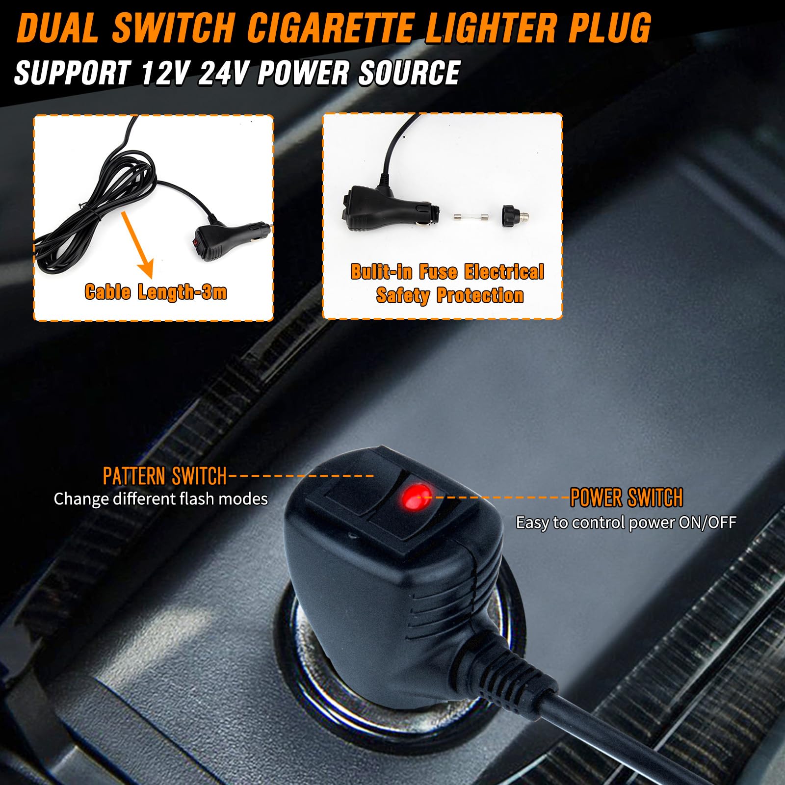 Luces estroboscópicas de parabrisas ámbar para camiones, luces de advertencia estroboscópicas para salpicadero de parabrisas de automóvil 2 en 1, 24 LED, luz estroboscópica de emergencia de
