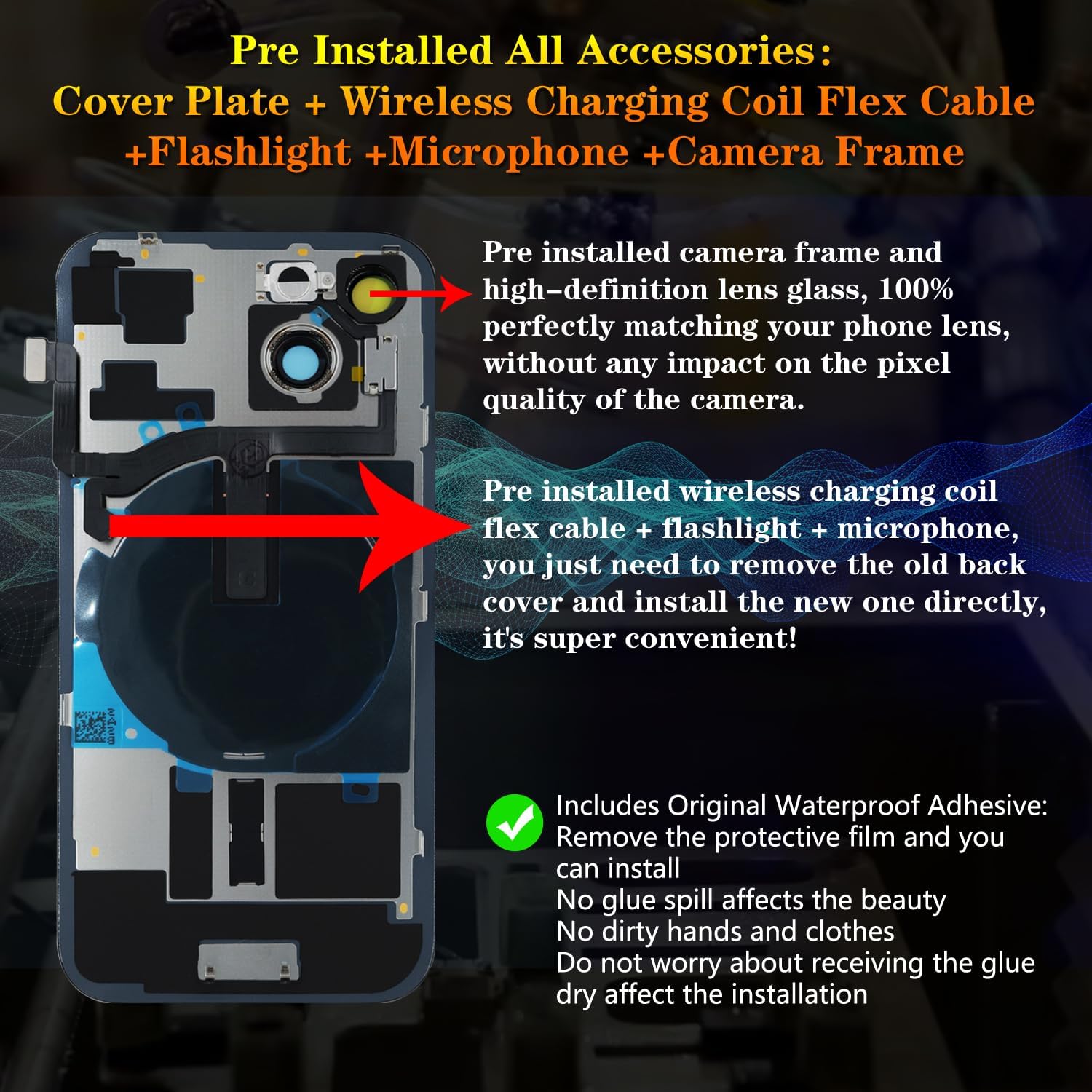 Back Glass Replacement Compatible with iPhone 15 All Carriers 6.1" + Pre-Installed Plate + Wireless Charging Coil Flex Cable + Microphone + Flashlight + Camera Frame (Black)