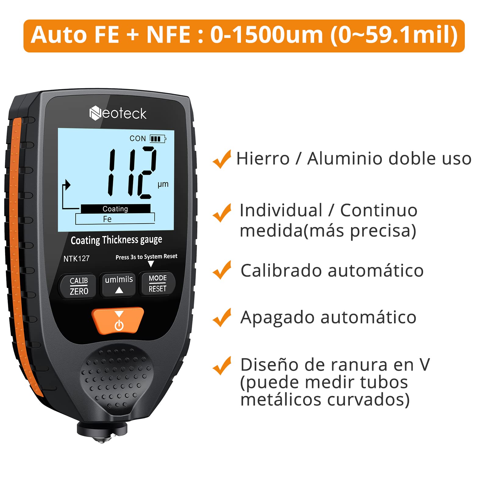 Neoteck Medidor de Espesor 0-1500um Medidor de Espesor de Recubrimiento de Pintura para Automóvil Sonda Fe&NFe con Retroiluminación para Automóviles de Metal con Base de Acero y Aluminio