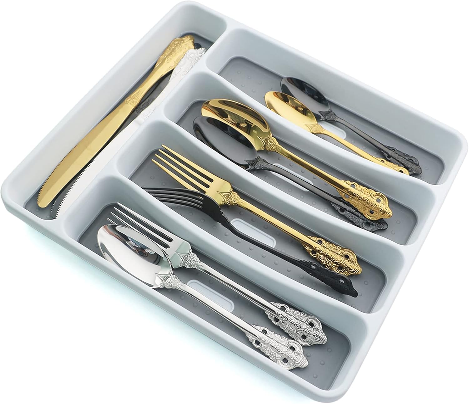 24-Piece Silverware Set, Rose Gold Durable Flatware Set Mirror Polished, Dishwasher Safe Service for 6, Include Fork/Spoon with 5-Compartment Non Slip Silverware Drawer Organizer Box Tray