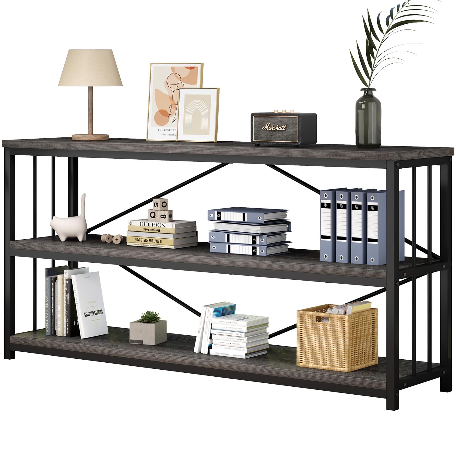 IBF Wood and Metal Book Shelf, Industrial Rustic Low 3 Tier Bookshelf, Farmhouse Long Wide Vintage Horizontal Bookcase, Modern Large Open Etagere for
