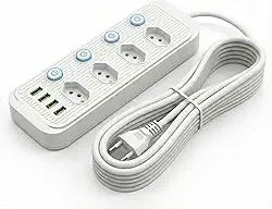 Extensão Elétrica 3 Metros, 5 Tomadas e 4 Saídas USB, Botão de Liga e Desliga, Régua Com Filtro de Linha, Protege Seus Dispositivos Contra Curtos e Sobrecargas, 110V a 220V, Até 2500W