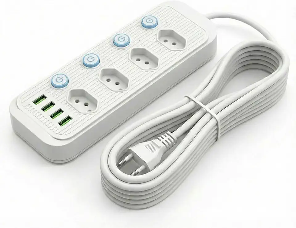 Extensão Elétrica 3 Metros, 5 Tomadas e 4 Saídas USB, Botão de Liga e Desliga, Régua Com Filtro de Linha, Protege Seus Dispositivos Contra Curtos e Sobrecargas, 110V a 220V, Até 2500W
