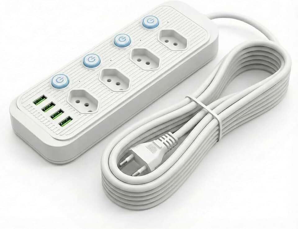 Extensão Elétrica 3 Metros, 5 Tomadas e 4 Saídas USB, Botão de Liga e Desliga, Régua Com Filtro de Linha, Protege Seus Dispositivos Contra Curtos e Sobrecargas, 110V a 220V, Até 2500W