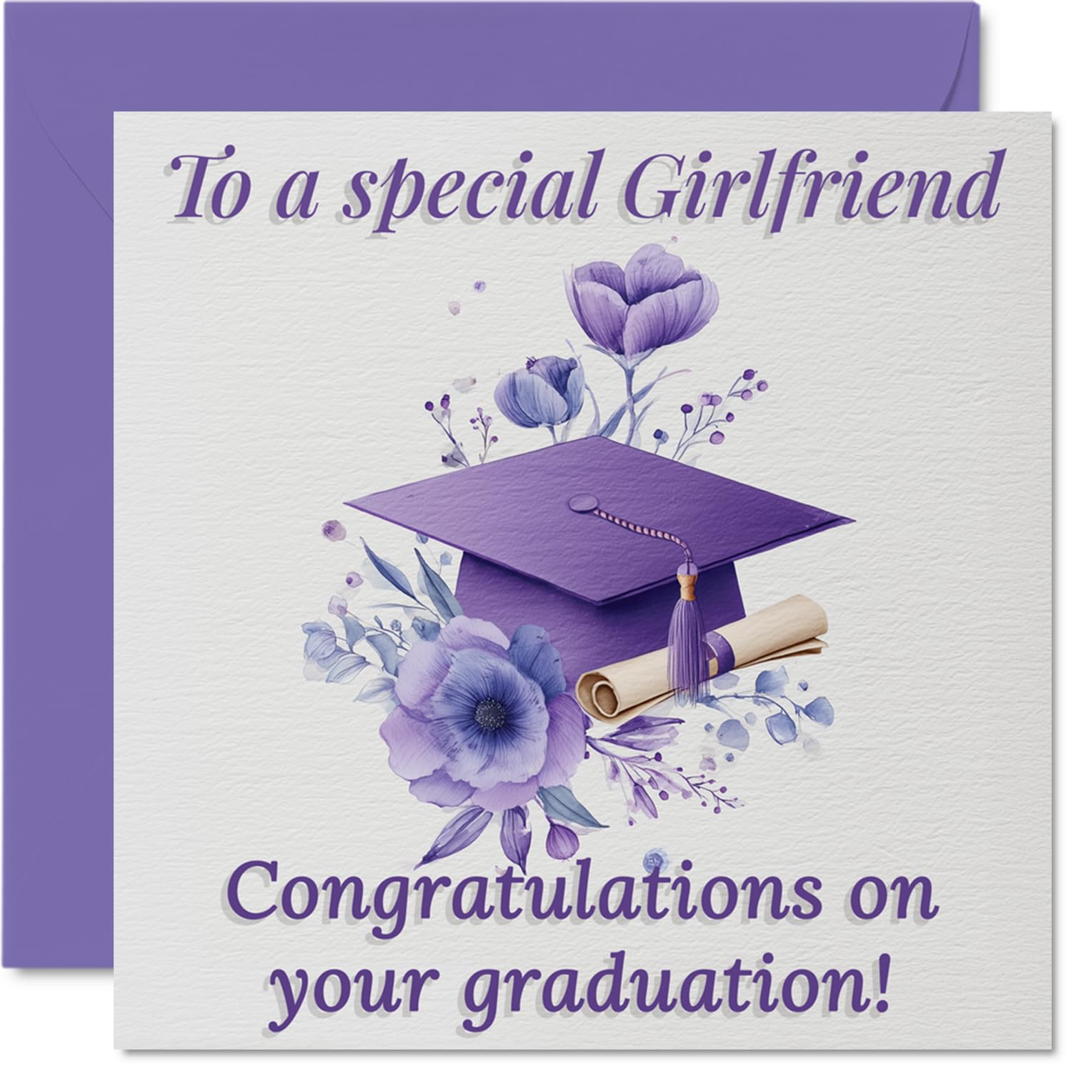 Supportive Congratulations Card for Girlfriend - Celebrate Her Big Moment - Purple Graduation Cap with Floral Design - 145mm Square, Envelope Included