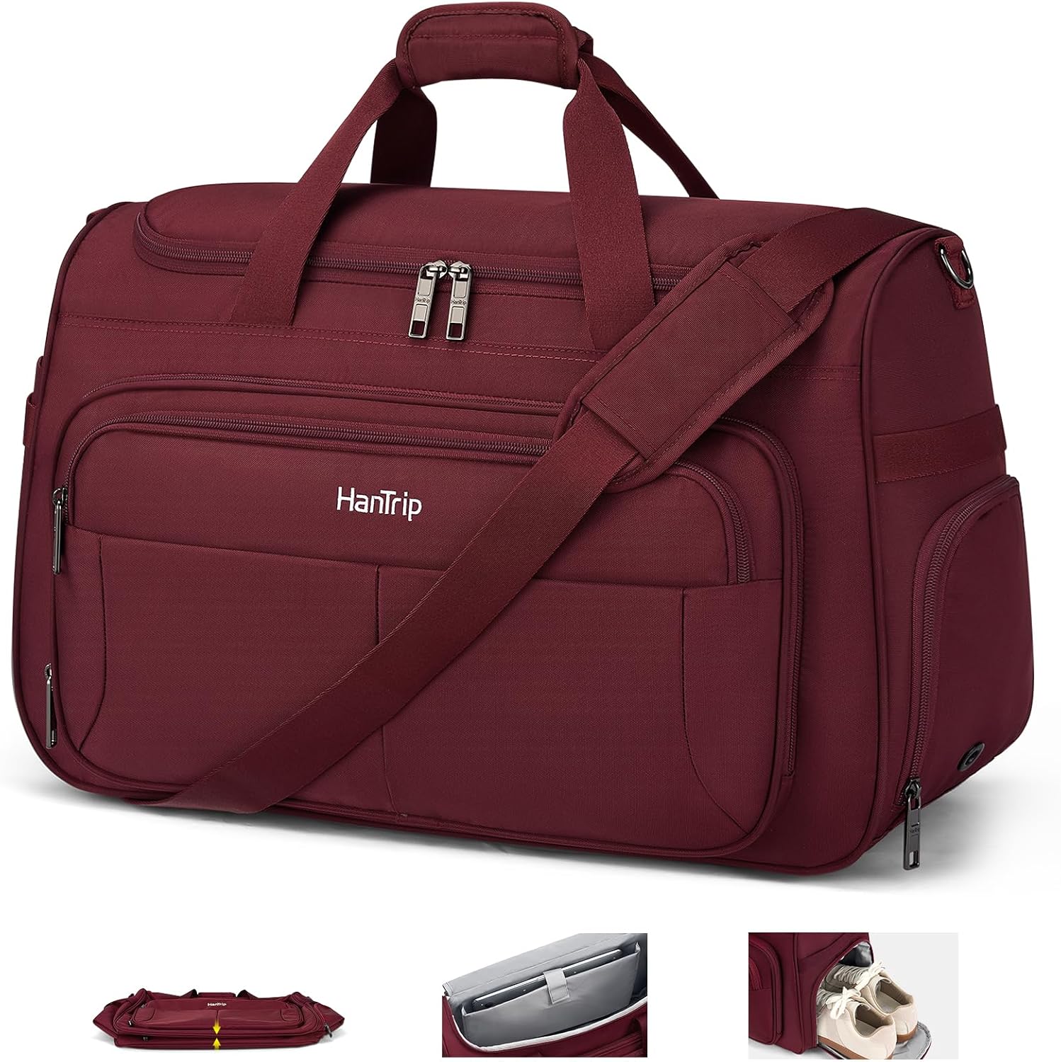 Carry on Duffel Bag Foldable Duffle Bags for Travel, Large Personal Item Bags for Airplanes, Weekender Overnight Mens Travel Tote Bag for Women Softside Carry on Luggage (Burgundy)