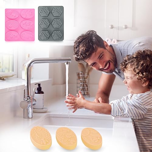 Miniatura 2 de 4 moldes de silicona para jabón de 6 cavidades, patrones mixtos, molde de silicona de abeja 3D, molde hexagonal de panal de abeja, molde de jabón de