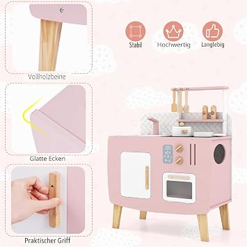 HOMASIS Play Kitchen with 7 Accessories Children's Kitchen with Sink Stove & Oven Small Wooden Toy Kitchen Children's Play Kitchen with Cabinet 3 Hooks & 2 Shelves Wooden Kitchen Corner Kitchen