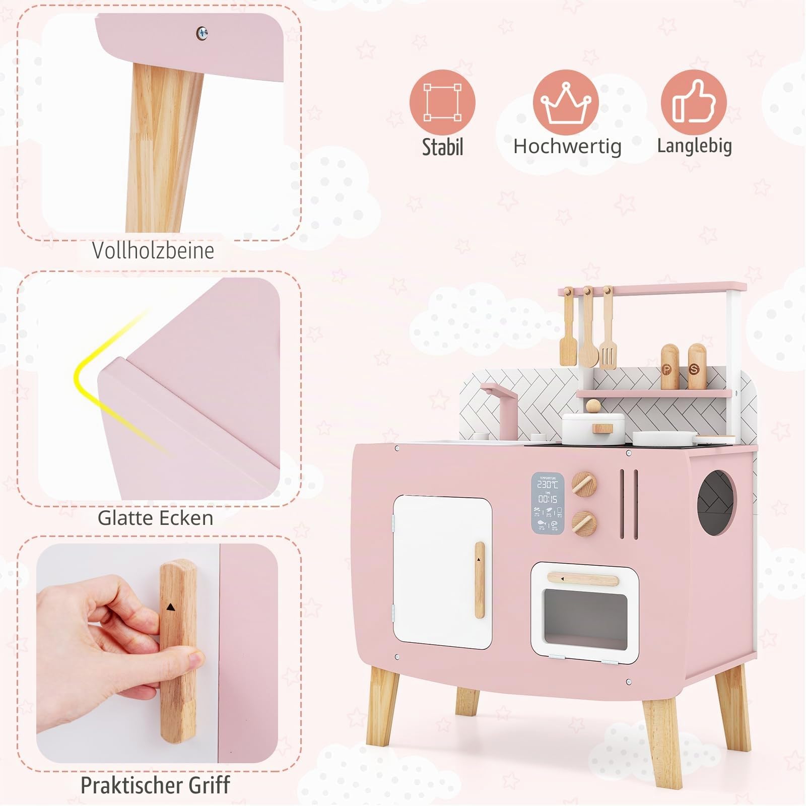 HOMASIS Spielküche mit 7 Zubehör, Kinderküche mit Spüle, Herd & Ofen, kleine Spielzeugküche aus Holz, Kinderspielküche mit Schrank, 3 Haken & 2 Regale, Holzküche Eckküche für Kinder ab 3 Jahre, Rosa