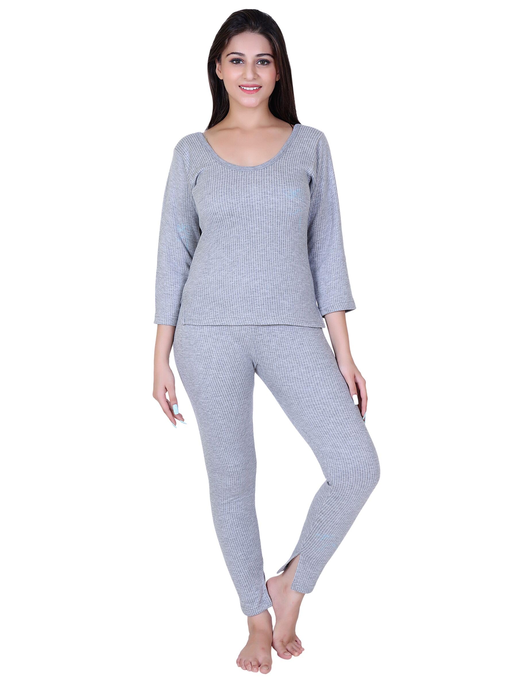 Womens Thermal Body Warmer Set | Full Sleeve Top & Bottom Set for Women | Ultra Soft Winter Inner Wear (Pack of 1) (Light Grey, 95/L)